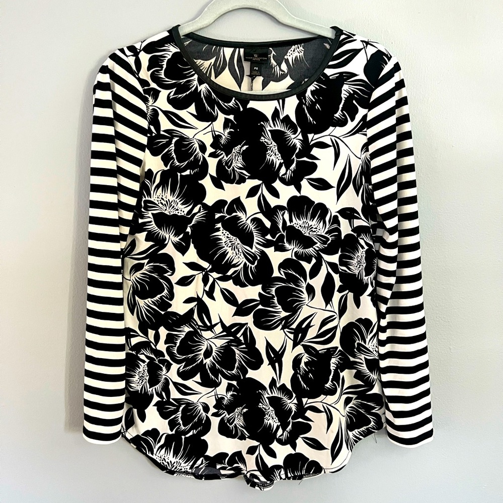 Worthington Petite black and white floral and stripe long sleeve blouse top PS